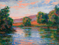 Pintura a óleo de Armand Guillaumin, paisagem impressionista com rio ao entardecer, céu rosado e árvores verdes exuberantes. Reflexos de cor na água.