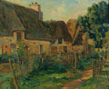 Pintura a óleo atribuída a Armand Guillaumin, mostrando casas de campo com telhados de palha em um cenário rural, com uma estrada de terra e cercas de madeira em primeiro plano, sob um céu claro.
