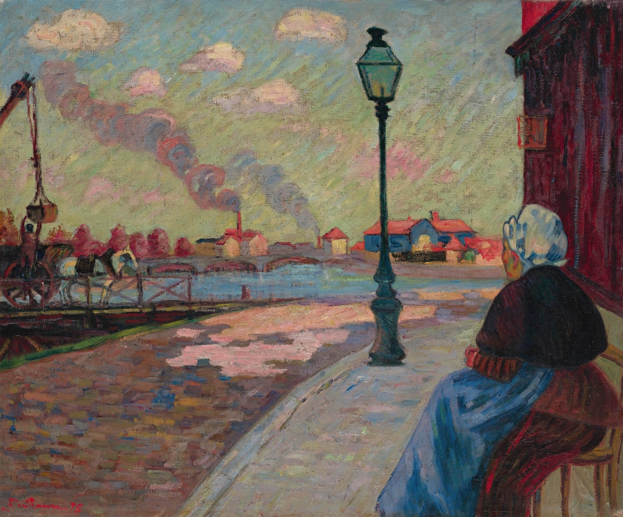 Quadro decorativo com a pintura 'A Mulher e a Fábrica' de Armand Guillaumin. Mulher de costas, sentada em uma cadeira, observando uma paisagem industrial com chaminés soltando fumaça e um rio.