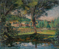 Pintura a óleo de Armand Guillaumin, retratando uma paisagem campestre com um rio em primeiro plano, árvores frondosas nas laterais e um vale com casas e um cavalo pastando ao fundo. Céu nublado.