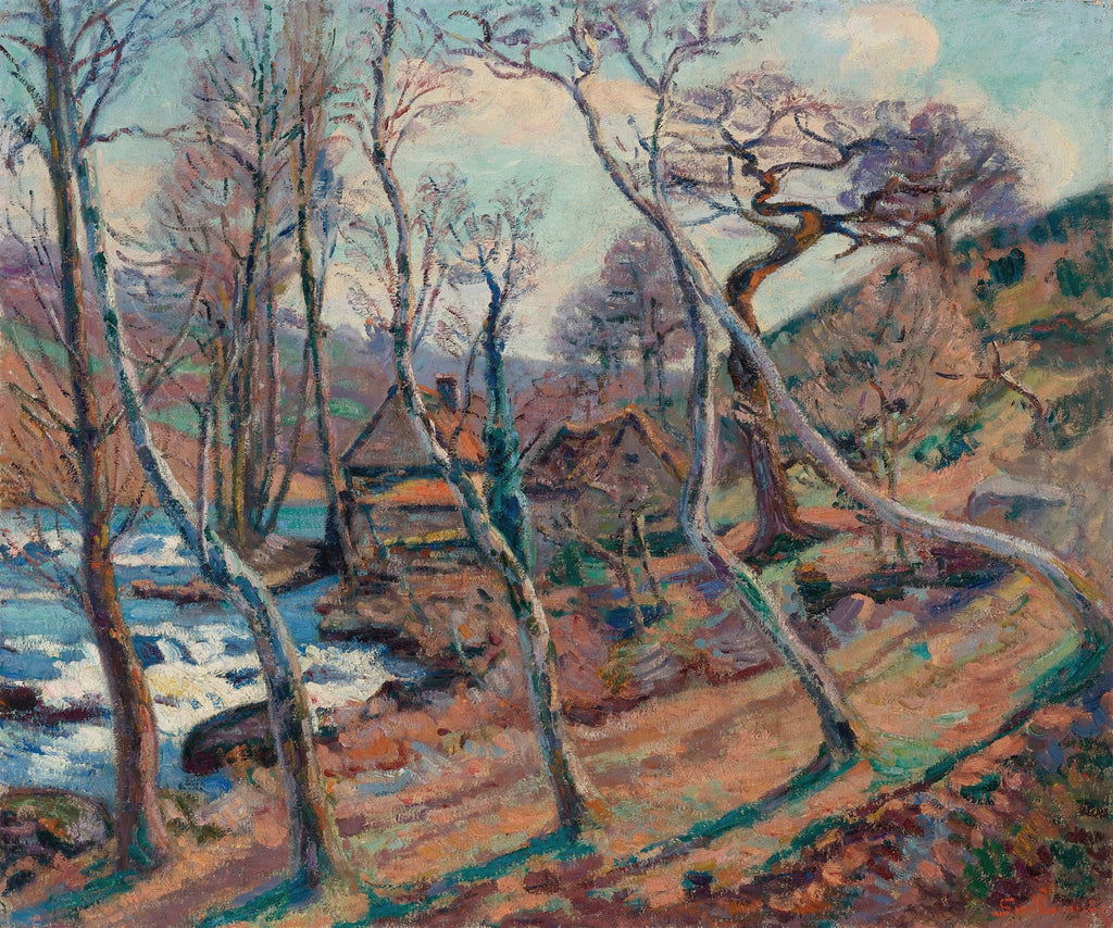 Pintura a óleo de Armand Guillaumin, paisagem com rio de águas claras, árvores sem folhas em primeiro plano e uma cabana ao fundo, cores vibrantes de outono e inverno.