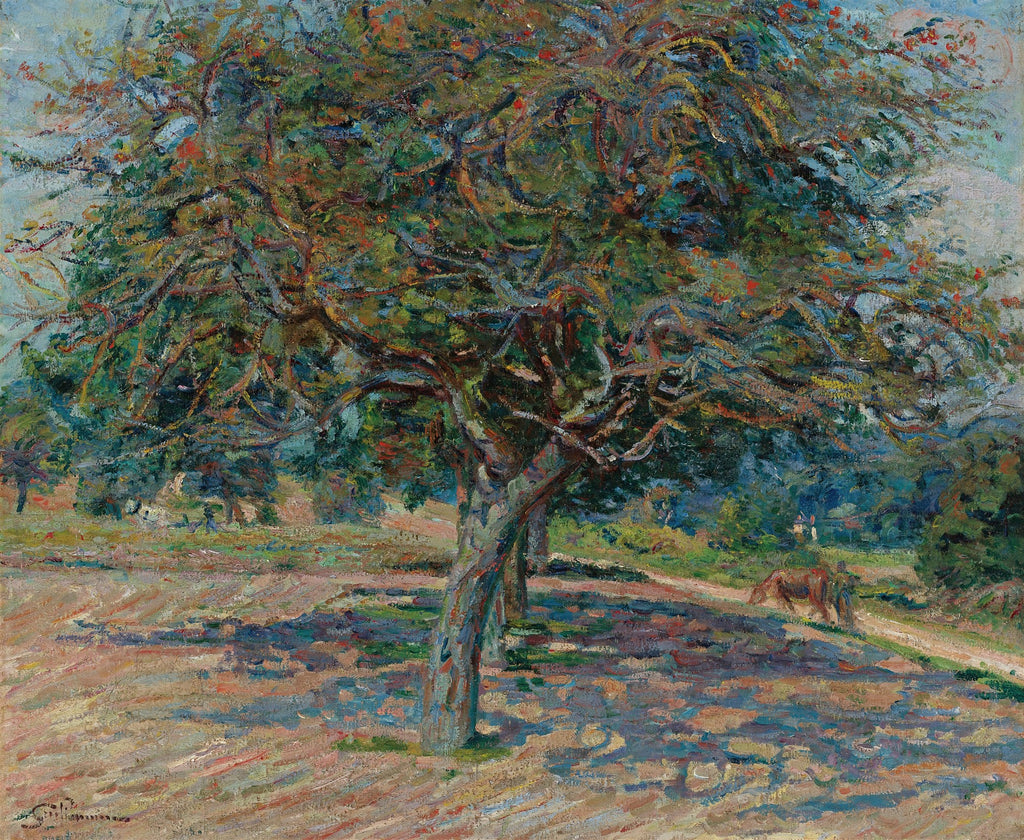 Quadro decorativo com pintura impressionista de uma grande macieira em um campo ensolarado, com sombras projetadas no chão e um cavalo ao fundo. Obra de Armand Guillaumin.