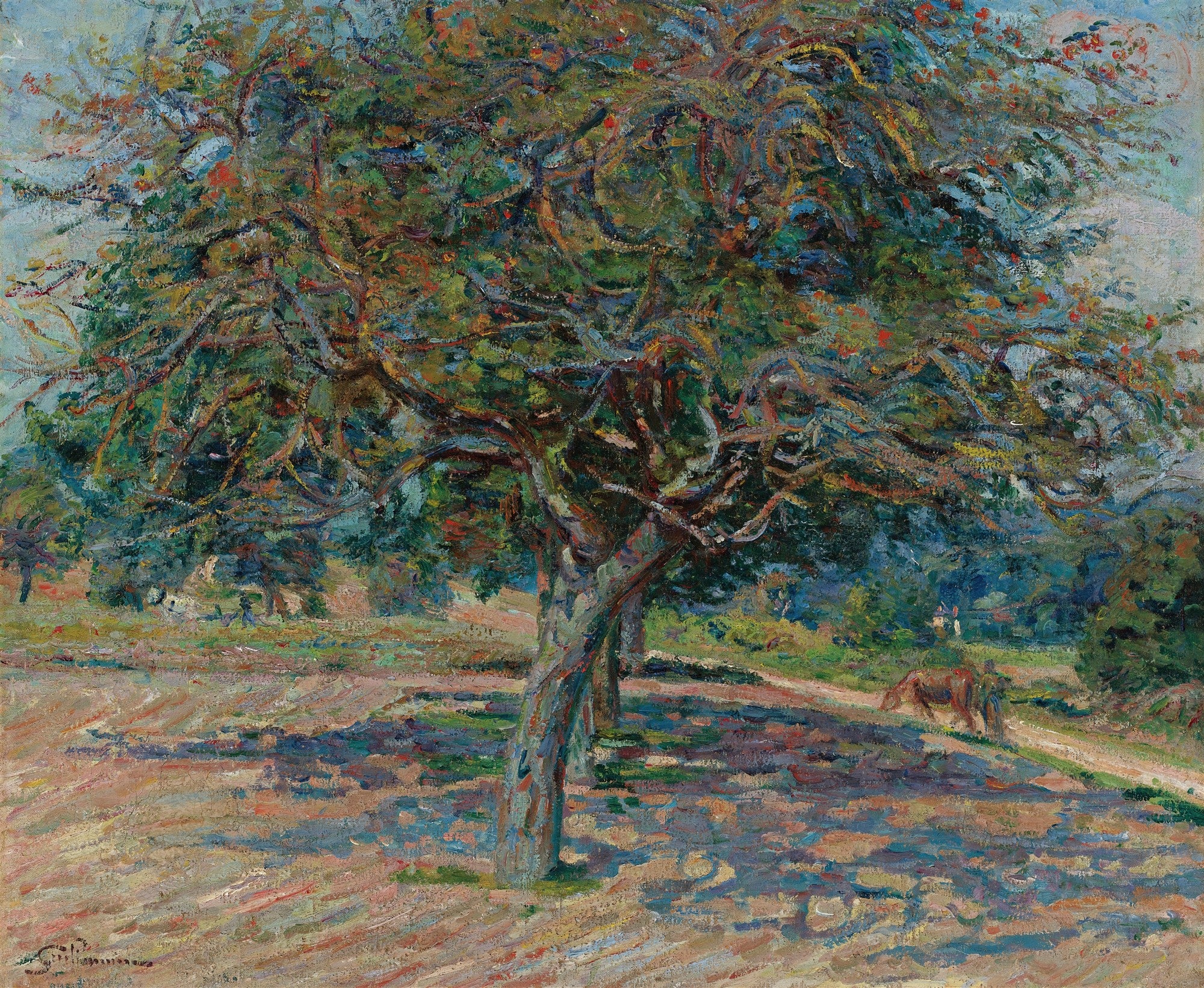 Quadro decorativo com pintura impressionista de uma grande macieira em um campo ensolarado, com sombras projetadas no chão e um cavalo ao fundo. Obra de Armand Guillaumin.