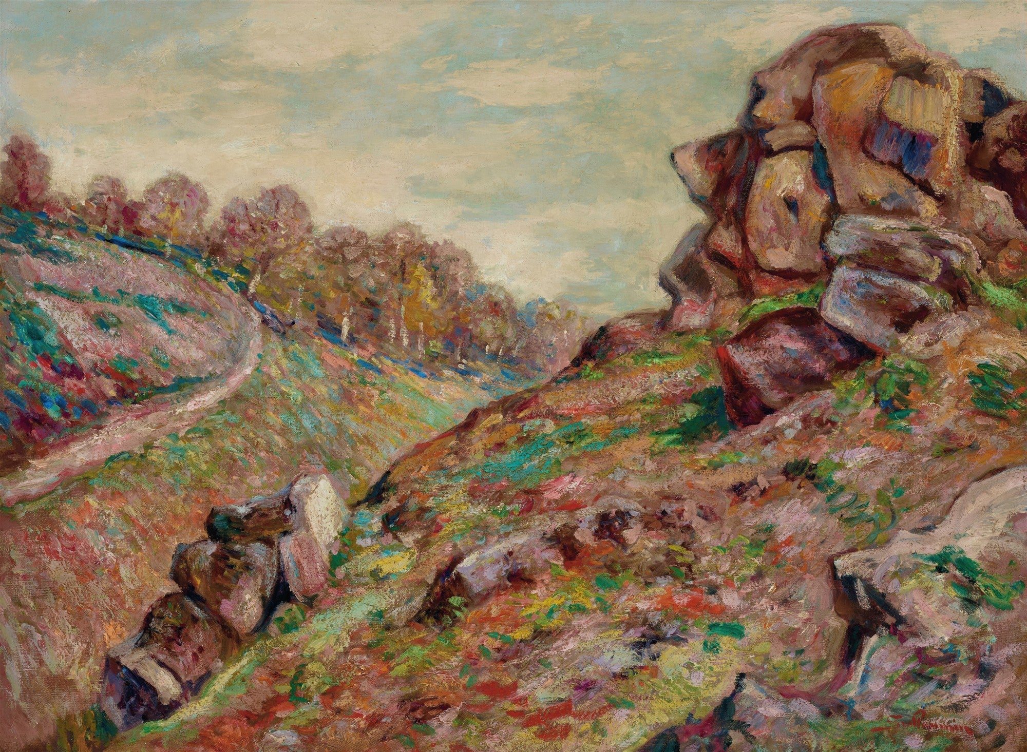 Quadro decorativo com paisagem rochosa pintada por Armand Guillaumin, exibindo tons terrosos, verdes e azuis, com um caminho sinuoso e árvores ao fundo sob um céu claro.