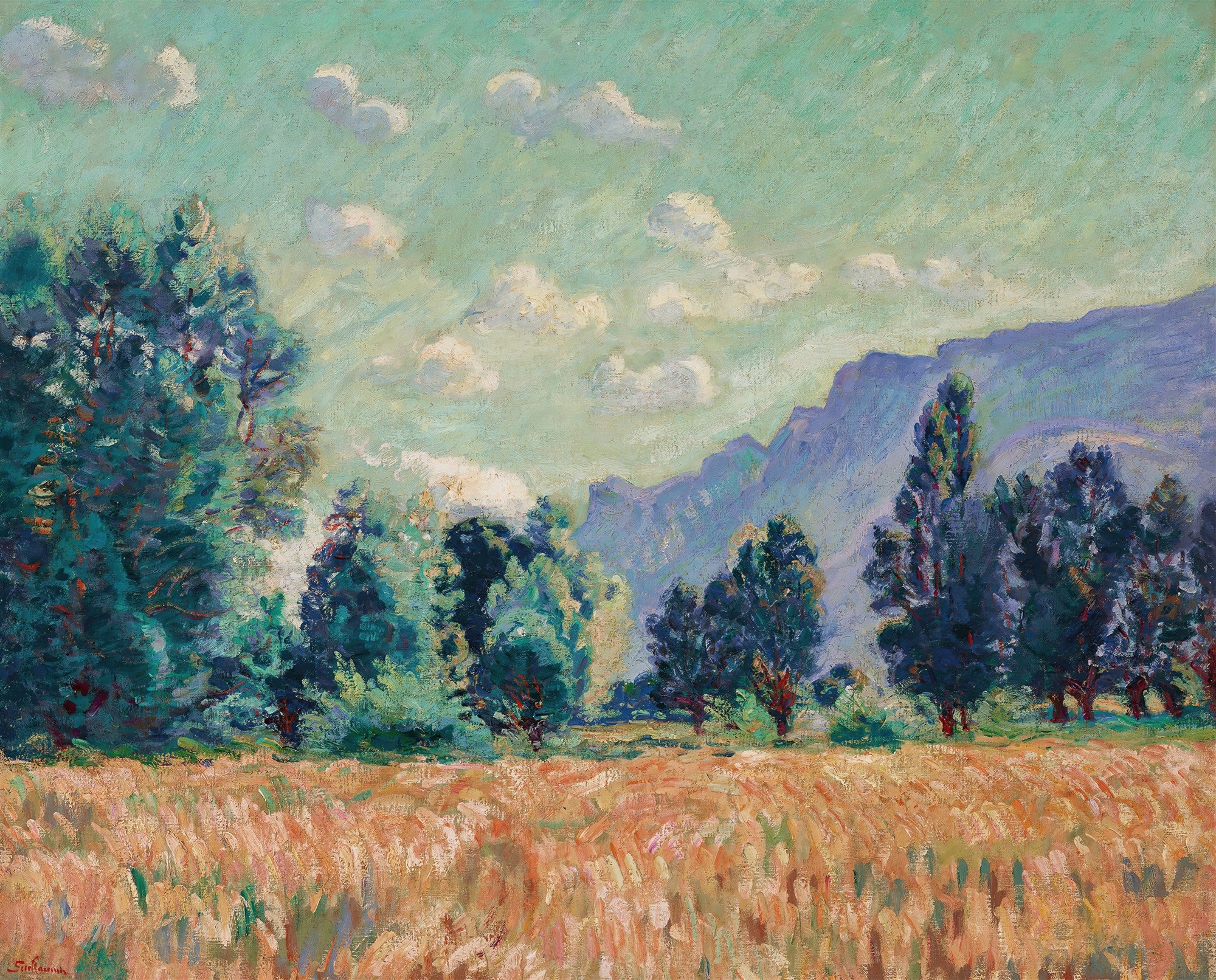 Quadro decorativo paisagem impressionista com campo de trigo dourado, árvores verdes e montanhas azuladas ao fundo, sob céu com nuvens brancas, obra de Armand Guillaumin.