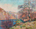 Paisagem outonal com rio e árvores de Armand Guillaumin, com cores vibrantes em tons de rosa, laranja e azul, estilo impressionista.