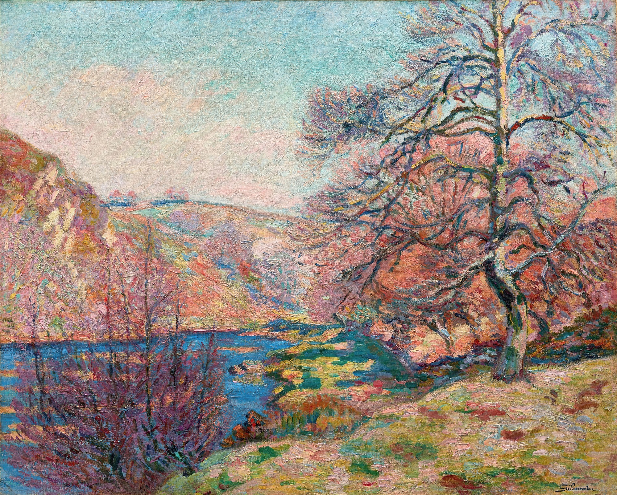Paisagem outonal com rio e árvores de Armand Guillaumin, com cores vibrantes em tons de rosa, laranja e azul, estilo impressionista.
