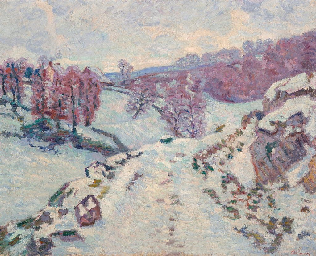 Pintura a óleo de uma paisagem nevada com árvores de tons avermelhados, casas distantes e um céu claro. A neve cobre o solo e as encostas, com pinceladas que sugerem textura e a luz fria do inverno. A assinatura do artista é visível no canto inferior direito.