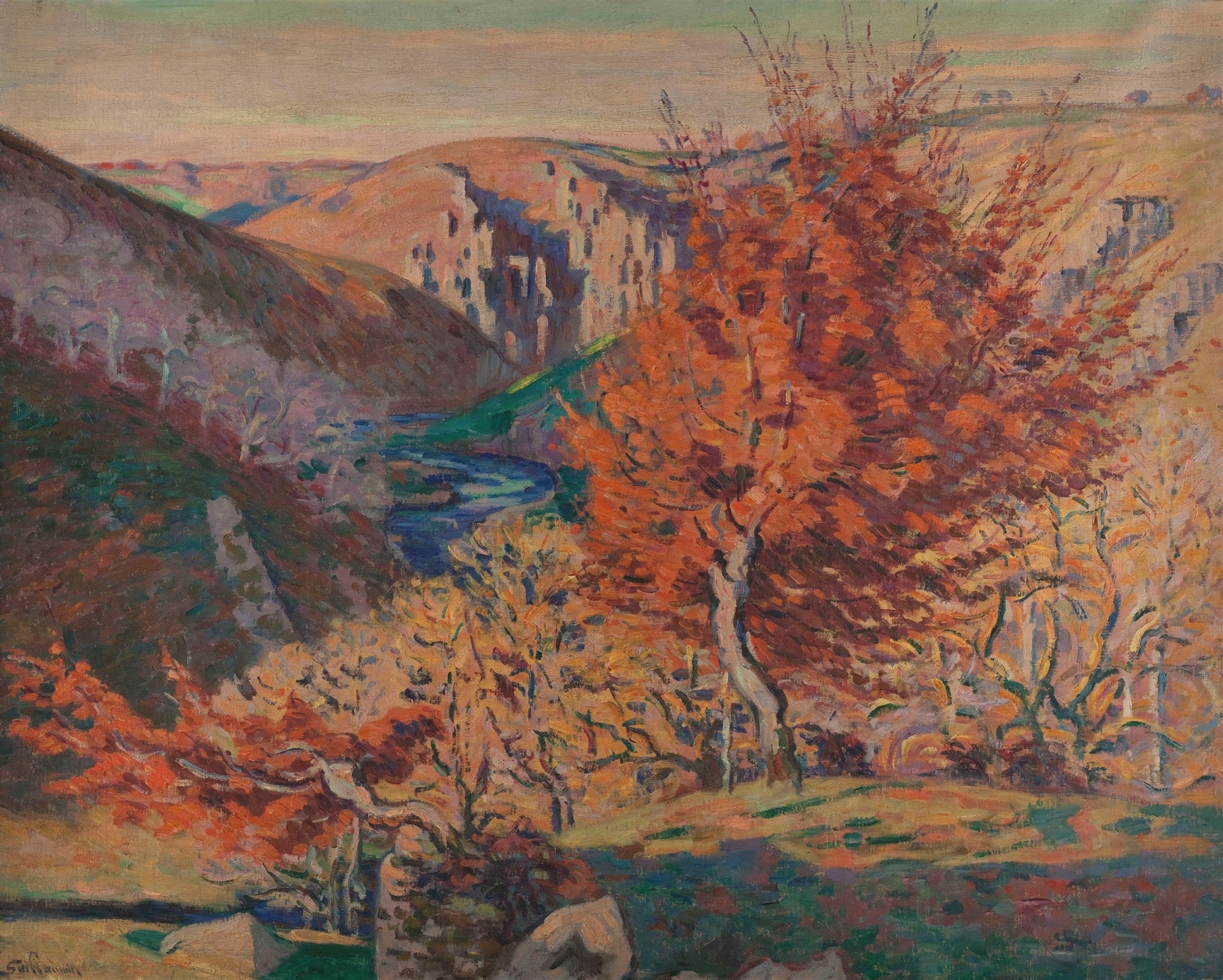 Pintura a óleo de uma paisagem de outono com árvores de folhagem vermelha e laranja, colinas e um rio azul sinuoso ao fundo, em estilo impressionista.