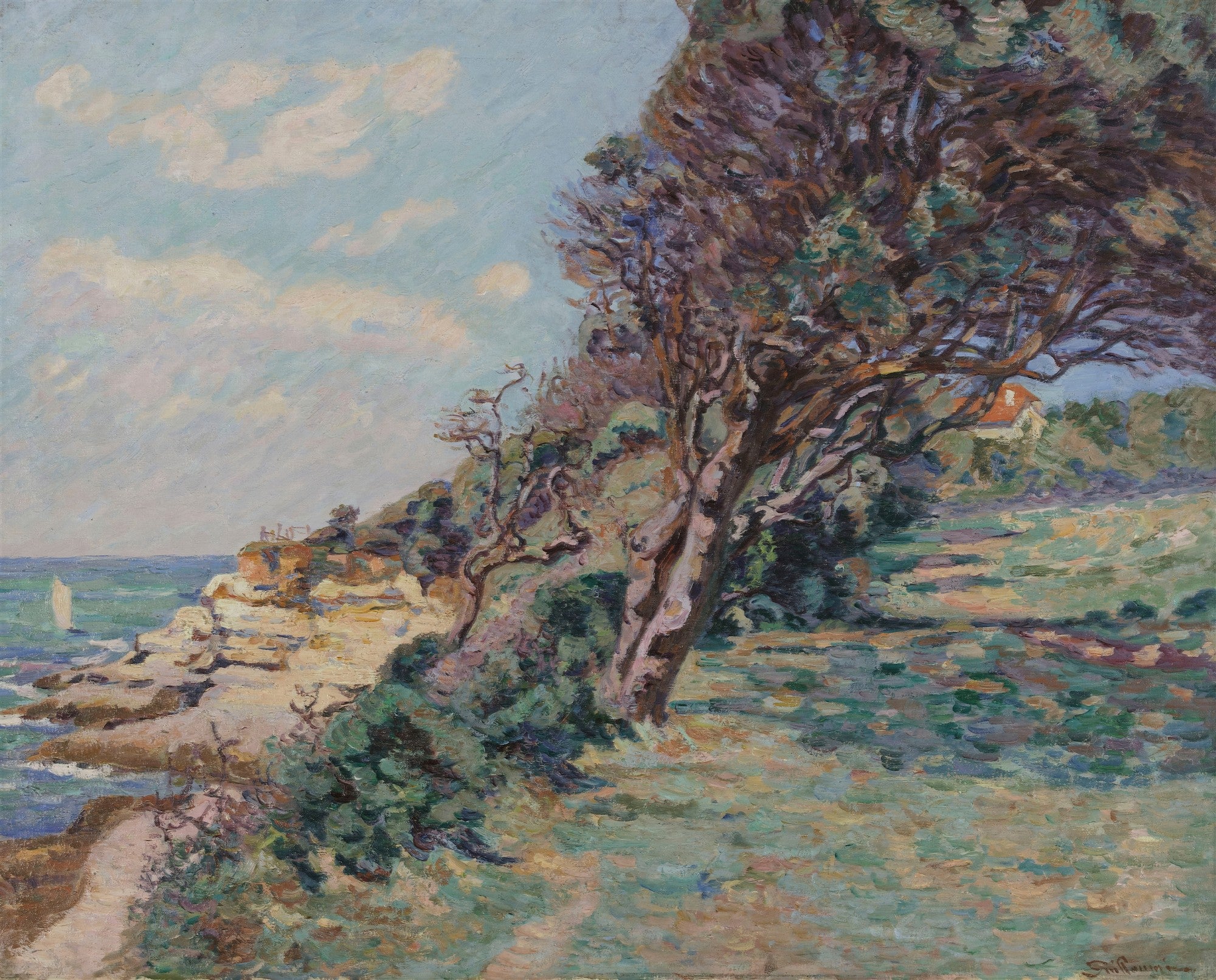 Pintura de paisagem costeira com falésias rochosas, mar azul-esverdeado, céu claro com nuvens e árvores frondosas em primeiro plano, atribuída a Armand Guillaumin.