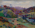 Pintura a óleo de Armand Guillaumin, 'Paysage d'Agay', mostrando uma paisagem montanhosa com uma casa no topo de uma colina, um rio com uma ponte de pedra e uma estrada sinuosa. As cores são vibrantes, com tons de verde, roxo, azul e laranja, características do Impressionismo.