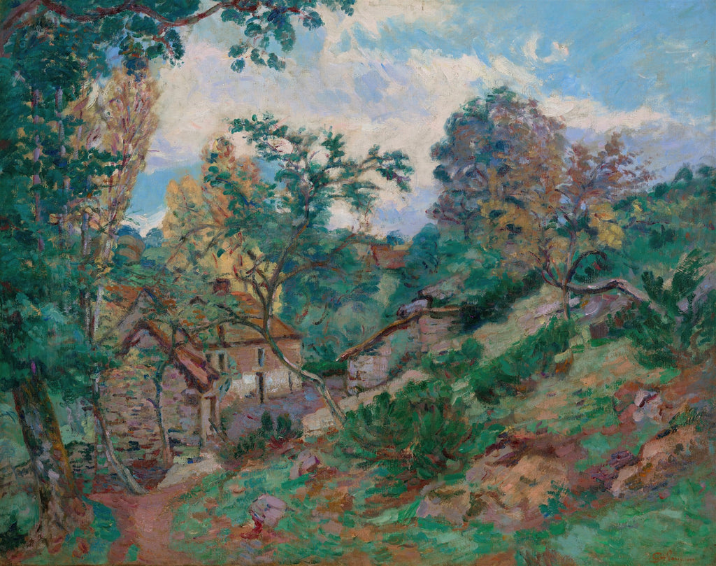 Pintura a óleo de Armand Guillaumin representando uma paisagem com casas e vegetação exuberante. Cores verdes, marrons e tons de azul no céu predominam. A pincelada é visivelmente solta e expressiva, característica do Impressionismo.