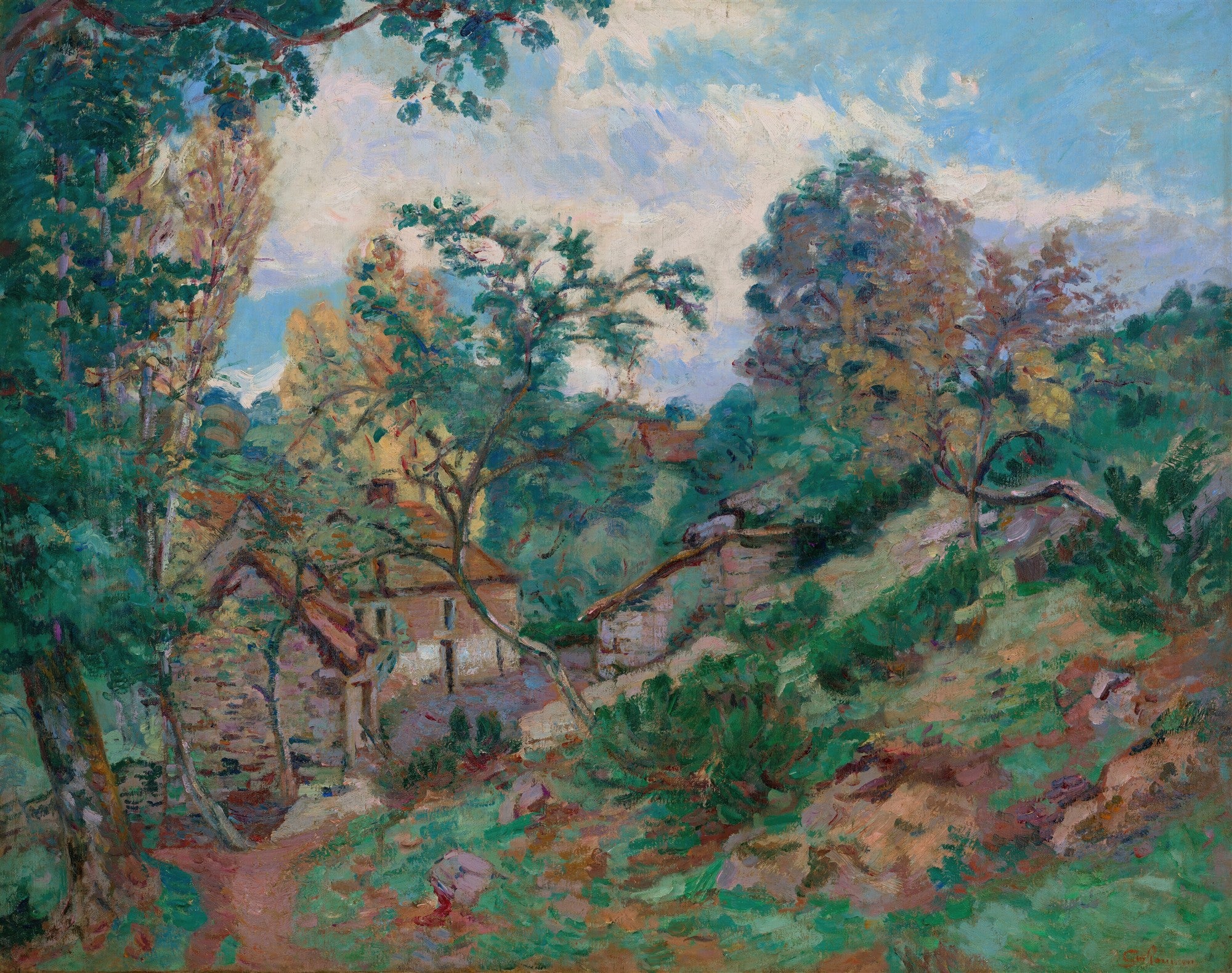 Pintura a óleo de Armand Guillaumin representando uma paisagem com casas e vegetação exuberante. Cores verdes, marrons e tons de azul no céu predominam. A pincelada é visivelmente solta e expressiva, característica do Impressionismo.