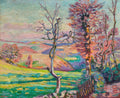 Pintura a óleo de Armand Guillaumin mostrando uma paisagem rural com colinas ondulantes e árvores esparsas. A paleta de cores é vibrante, com tons de verde, rosa, laranja e azul, sugerindo um pôr do sol ou amanhecer. As pinceladas são visíveis e texturizadas, típicas do estilo impressionista ou pós-impressionista.