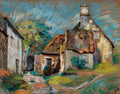 Pintura a pastel de Armand Guillaumin, retratando casas de campo com telhados coloridos e um céu azul vibrante, em estilo impressionista.