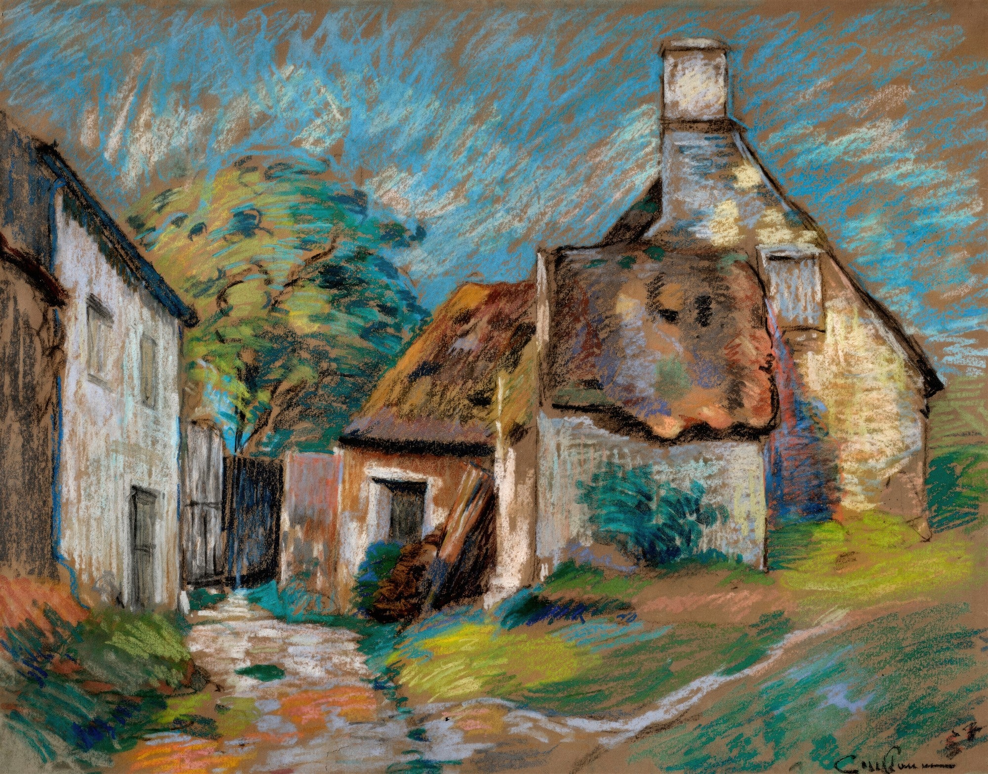 Pintura a pastel de Armand Guillaumin, retratando casas de campo com telhados coloridos e um céu azul vibrante, em estilo impressionista.