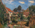 Pintura a óleo de Armand Guillaumin, retratando um jardim exuberante com casas de telhado avermelhado e vegetação densa sob um céu azul com nuvens brancas, em estilo impressionista.