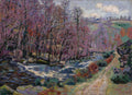 Quadro decorativo mostrando uma paisagem pintada por Armand Guillaumin com um rio correndo no centro, cercado por árvores com folhagem predominantemente roxa e rosa, e um caminho de terra à direita. Céu claro e colinas ao fundo.