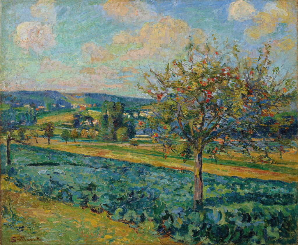 Pintura a óleo de paisagem impressionista de Armand Guillaumin, mostrando um campo verde com um pomar de macieiras em primeiro plano, colinas ao fundo e um céu azul com nuvens brancas.