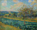 Pintura a óleo de paisagem impressionista de Armand Guillaumin, mostrando um campo verde com um pomar de macieiras em primeiro plano, colinas ao fundo e um céu azul com nuvens brancas.