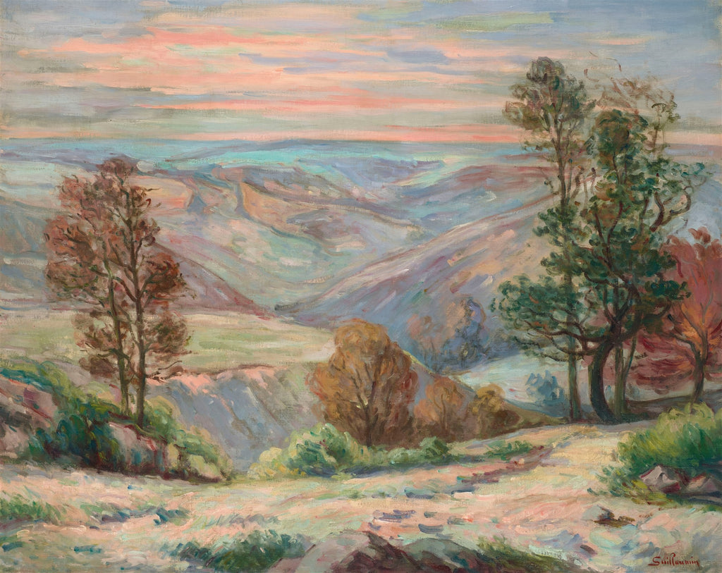 Pintura de paisagem ondulada com árvores em primeiro plano e colinas ao fundo, sob um céu com tons de rosa e azul, estilo impressionista de Armand Guillaumin.