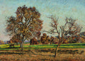 Pintura a óleo de Armand Guillaumin, uma paisagem outonal com árvores de folhagem marrom e avermelhada, um campo verde e um céu azul claro, com uma casa ao fundo e gado pastando.