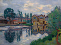 Pintura a óleo de Armand Guillaumin retratando uma paisagem fluvial com casas refletidas na água, céu nublado e árvores em tons de verde e azul.