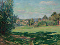 Pintura a óleo de Armand Guillaumin, representando uma paisagem campestre com árvores frondosas, um vale verdejante e céu azul com nuvens. A luz do sol projeta sombras dramáticas no primeiro plano, criando um contraste vibrante.
