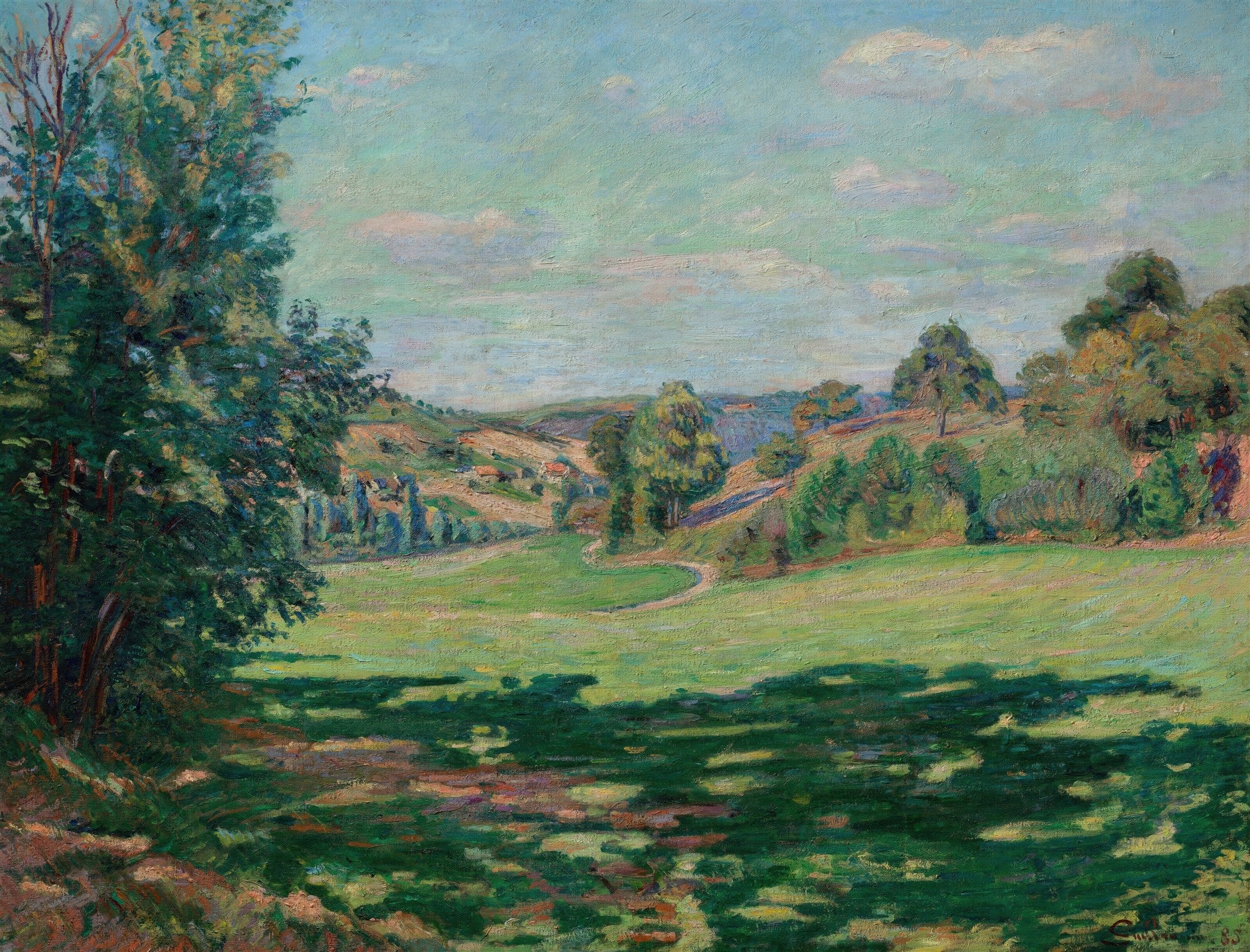 Pintura a óleo de Armand Guillaumin, representando uma paisagem campestre com árvores frondosas, um vale verdejante e céu azul com nuvens. A luz do sol projeta sombras dramáticas no primeiro plano, criando um contraste vibrante.