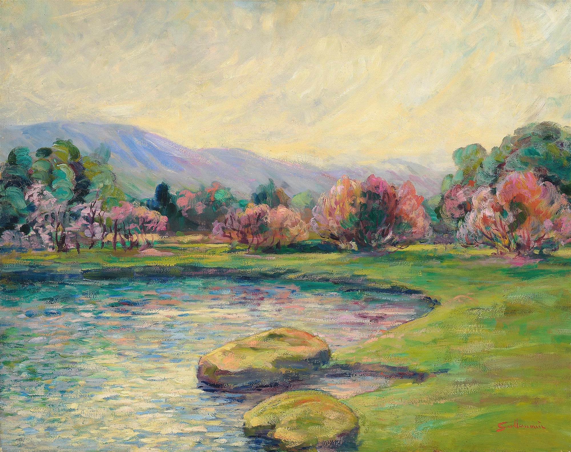 Quadro decorativo paisagem colorida com rio, árvores em tons de rosa e laranja, montanhas azuis ao fundo, atribuído a Armand Guillaumin.