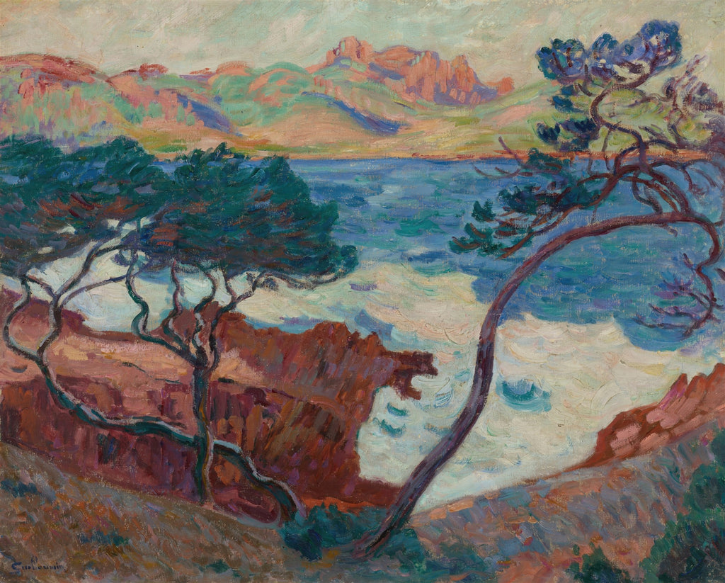 Pintura a óleo de Armand Guillaumin mostrando uma paisagem costeira mediterrânea com mar azul, rochas alaranjadas e árvores verdes e marrons.