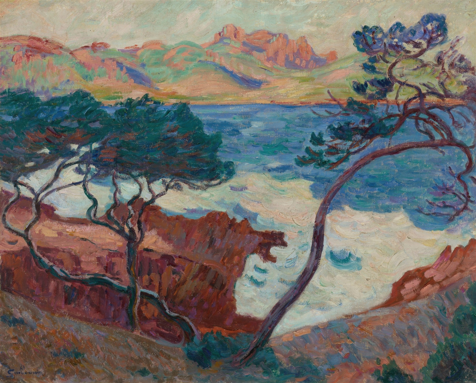 Pintura a óleo de Armand Guillaumin mostrando uma paisagem costeira mediterrânea com mar azul, rochas alaranjadas e árvores verdes e marrons.