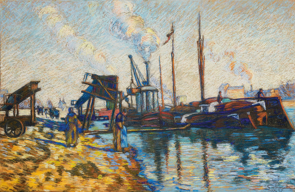 Quadro decorativo com pintura impressionista de um porto com barcos, gruas e pessoas, em tons de azul, amarelo e marrom, com o céu claro e nuvens brancas, assinado por Guillaumin.