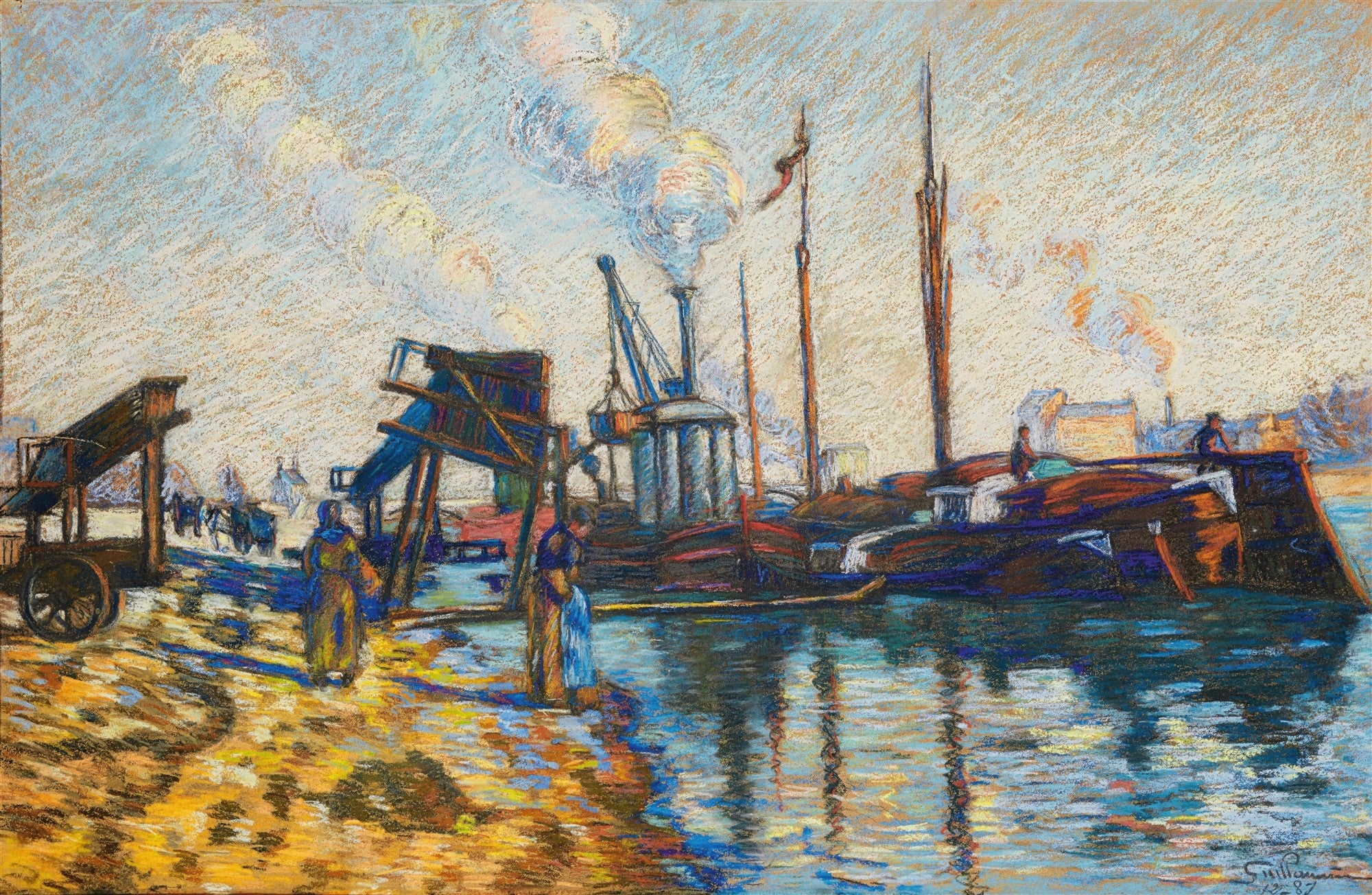 Quadro decorativo com pintura impressionista de um porto com barcos, gruas e pessoas, em tons de azul, amarelo e marrom, com o céu claro e nuvens brancas, assinado por Guillaumin.