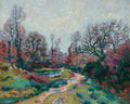 Pintura a óleo de Armand Guillaumin, 'Paisagem Outonal', com árvores coloridas em tons de vermelho, laranja e verde, um caminho de terra sinuoso e um céu nublado, em estilo impressionista.