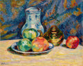 Natureza-morta colorida atribuída a Armand Guillaumin, com frutas e vaso em estilo impressionista