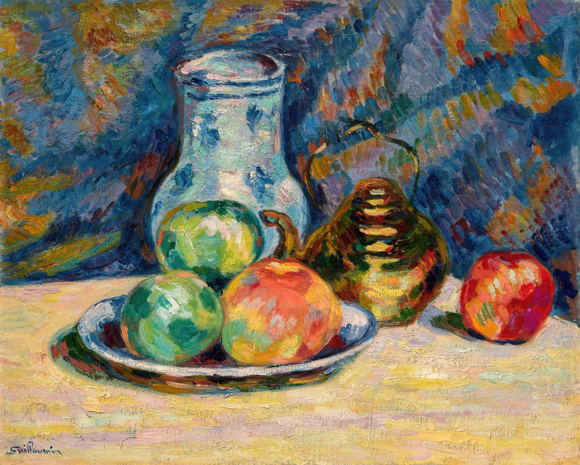 Natureza-morta colorida atribuída a Armand Guillaumin, com frutas e vaso em estilo impressionista