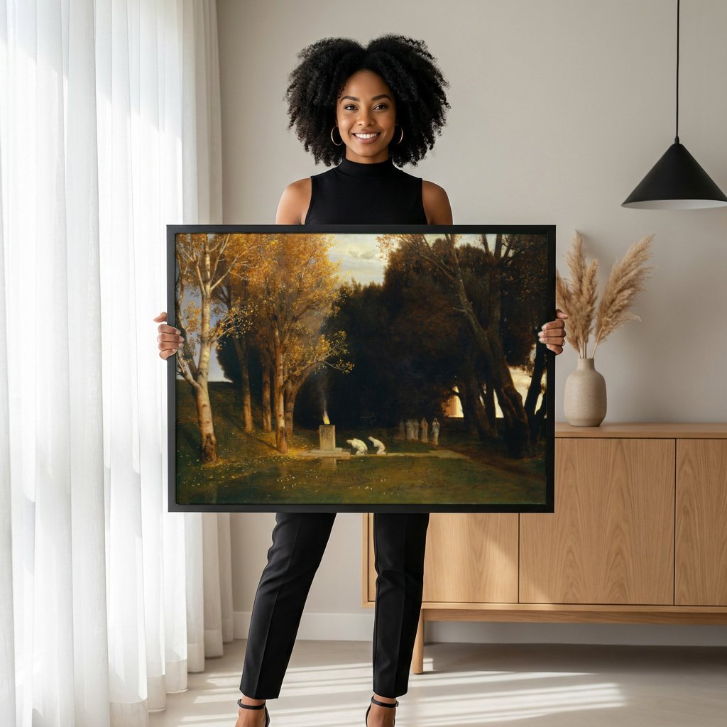 Quadro Decorativo O Santuário de Pan - Arnold Böcklin com modelo em ambiente