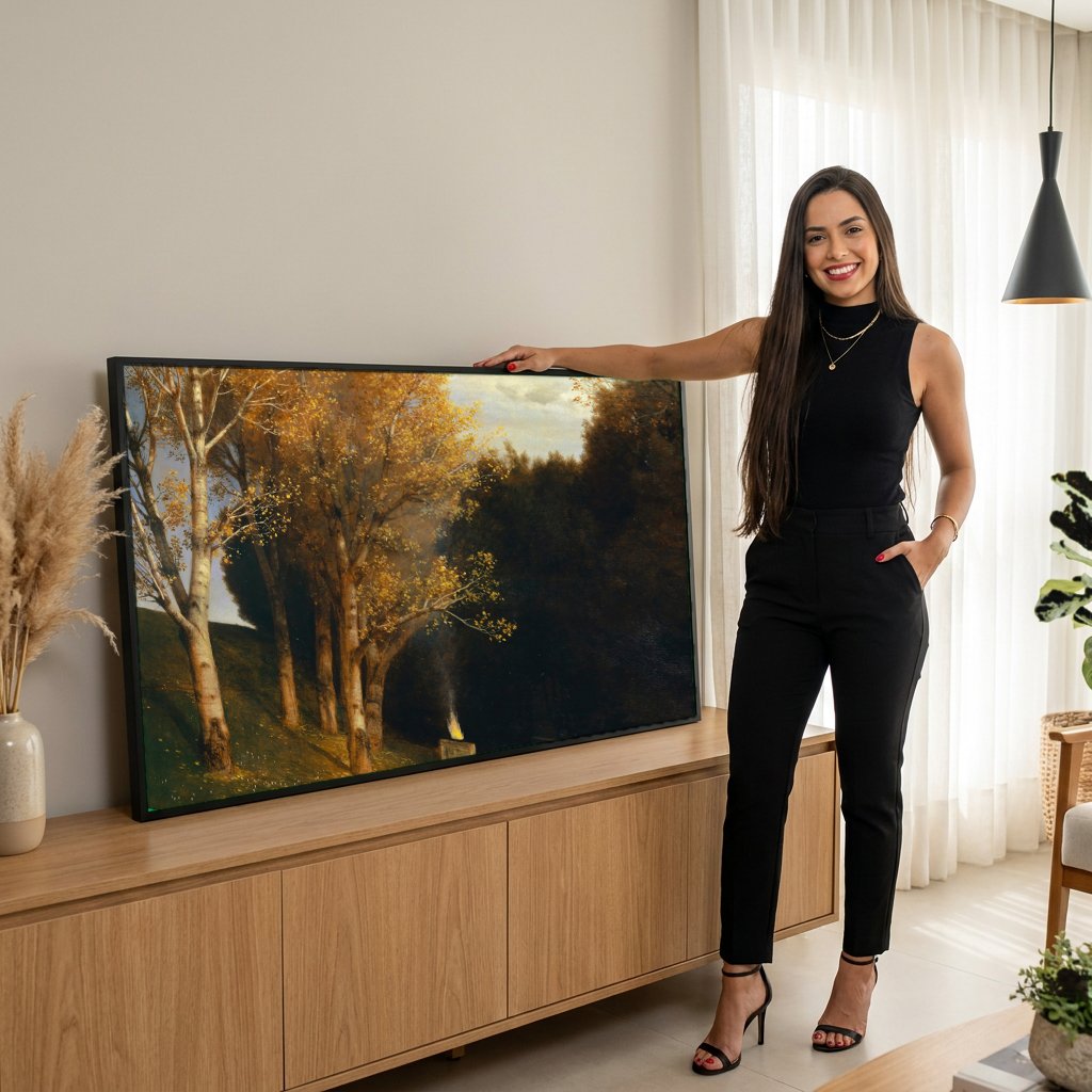 Quadro Decorativo O Santuário de Pan - Arnold Böcklin com modelo em ambiente