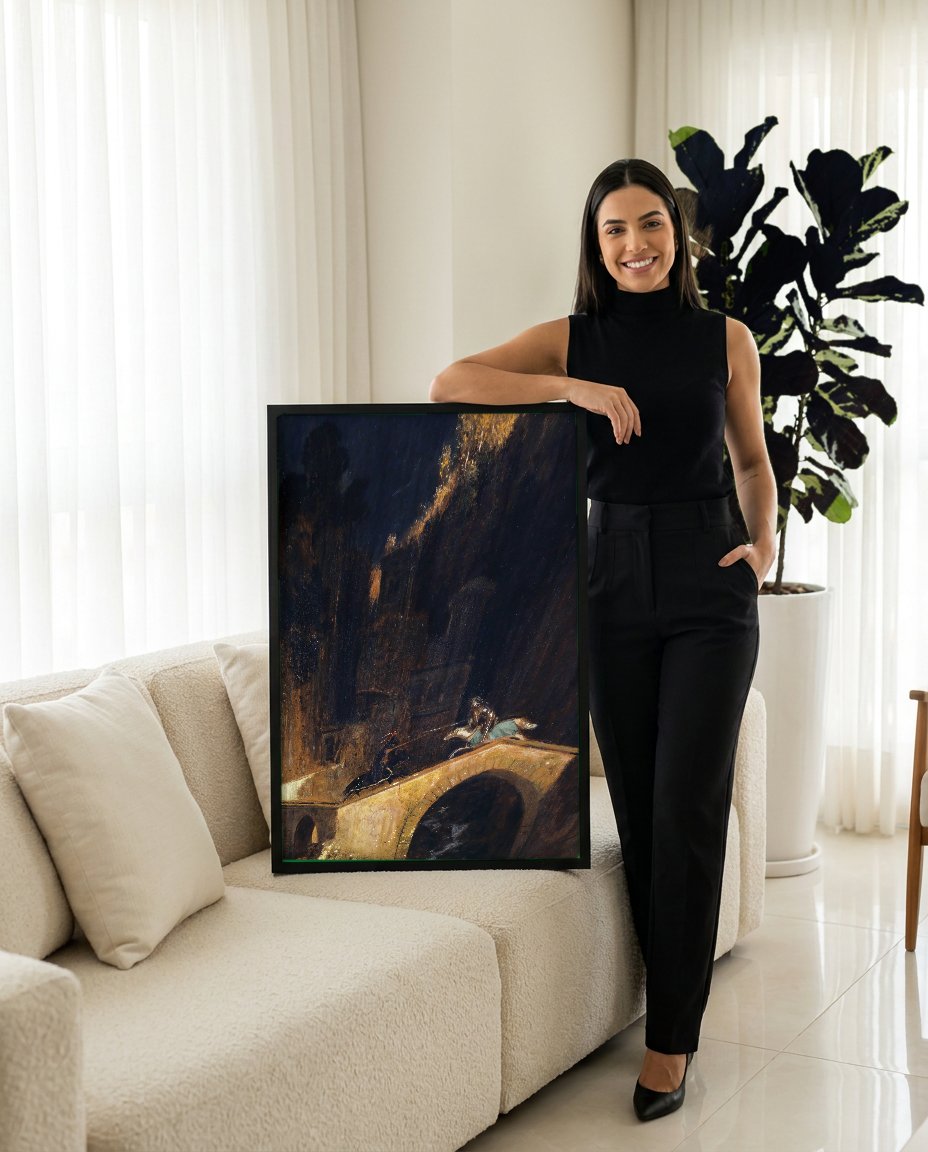 Quadro Decorativo A Batalha na Ponte - Arnold Böcklin com modelo em ambiente