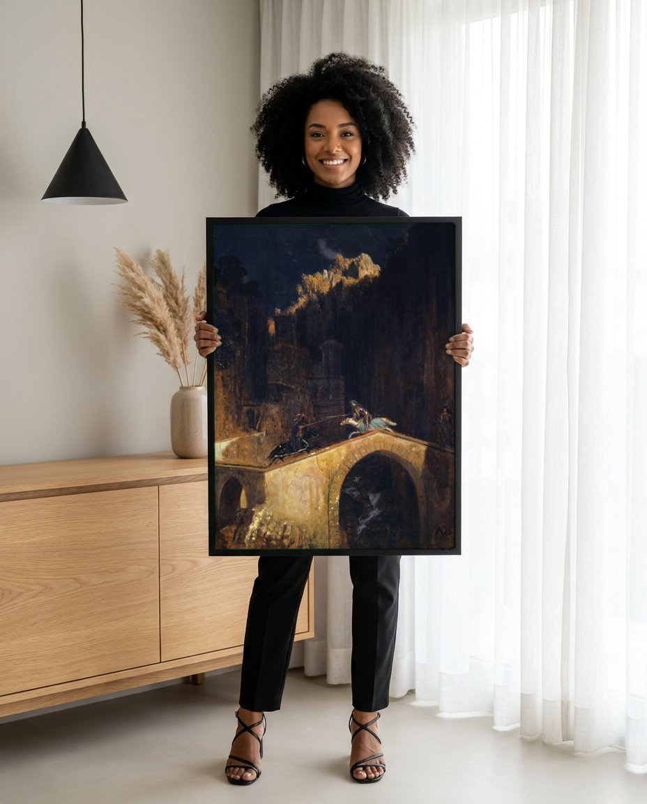 Quadro Decorativo A Batalha na Ponte - Arnold Böcklin com modelo em ambiente