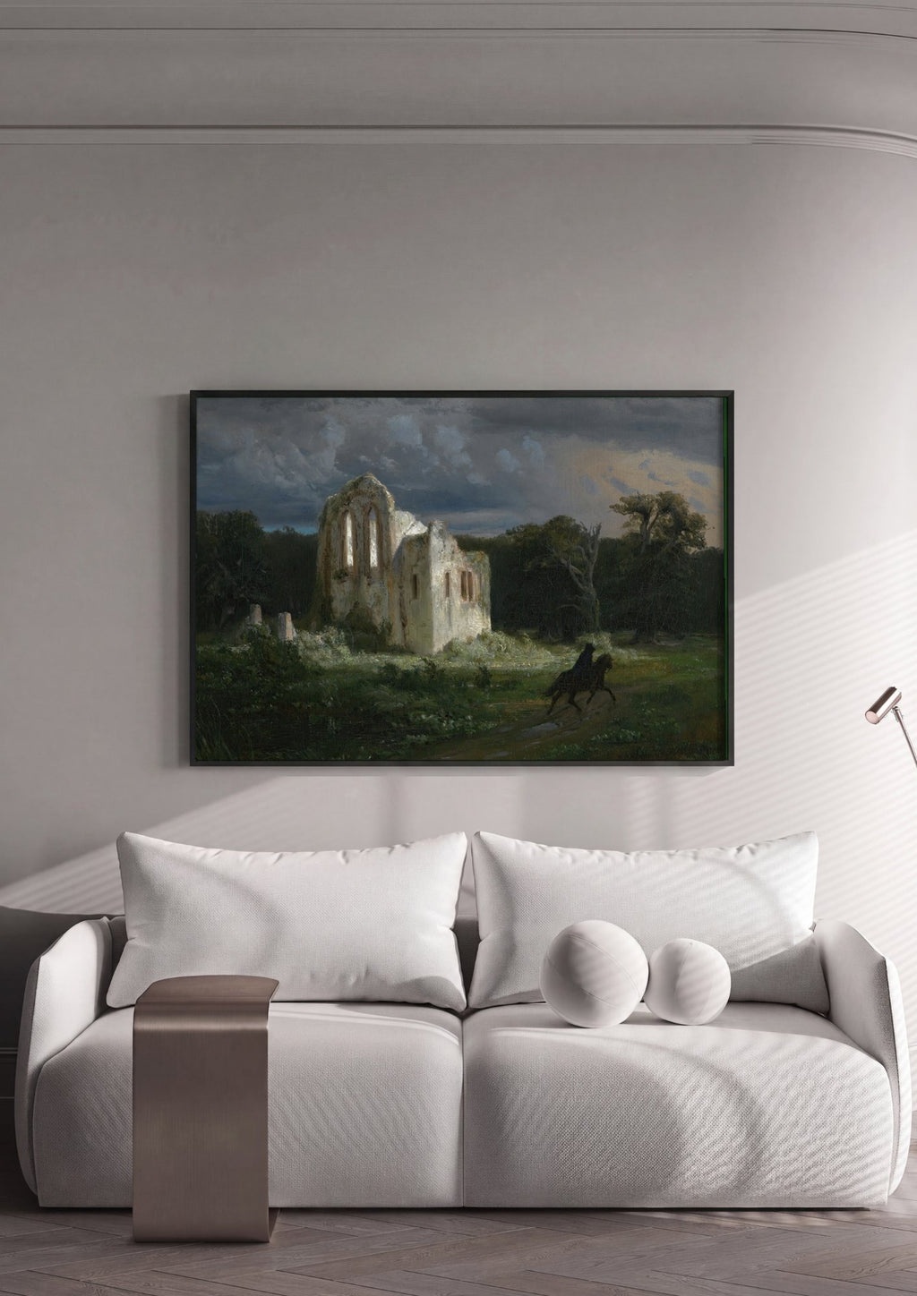 Quadro Decorativo Ruínas e Cavaleiro - Arnold Böcklin em ambiente decorado