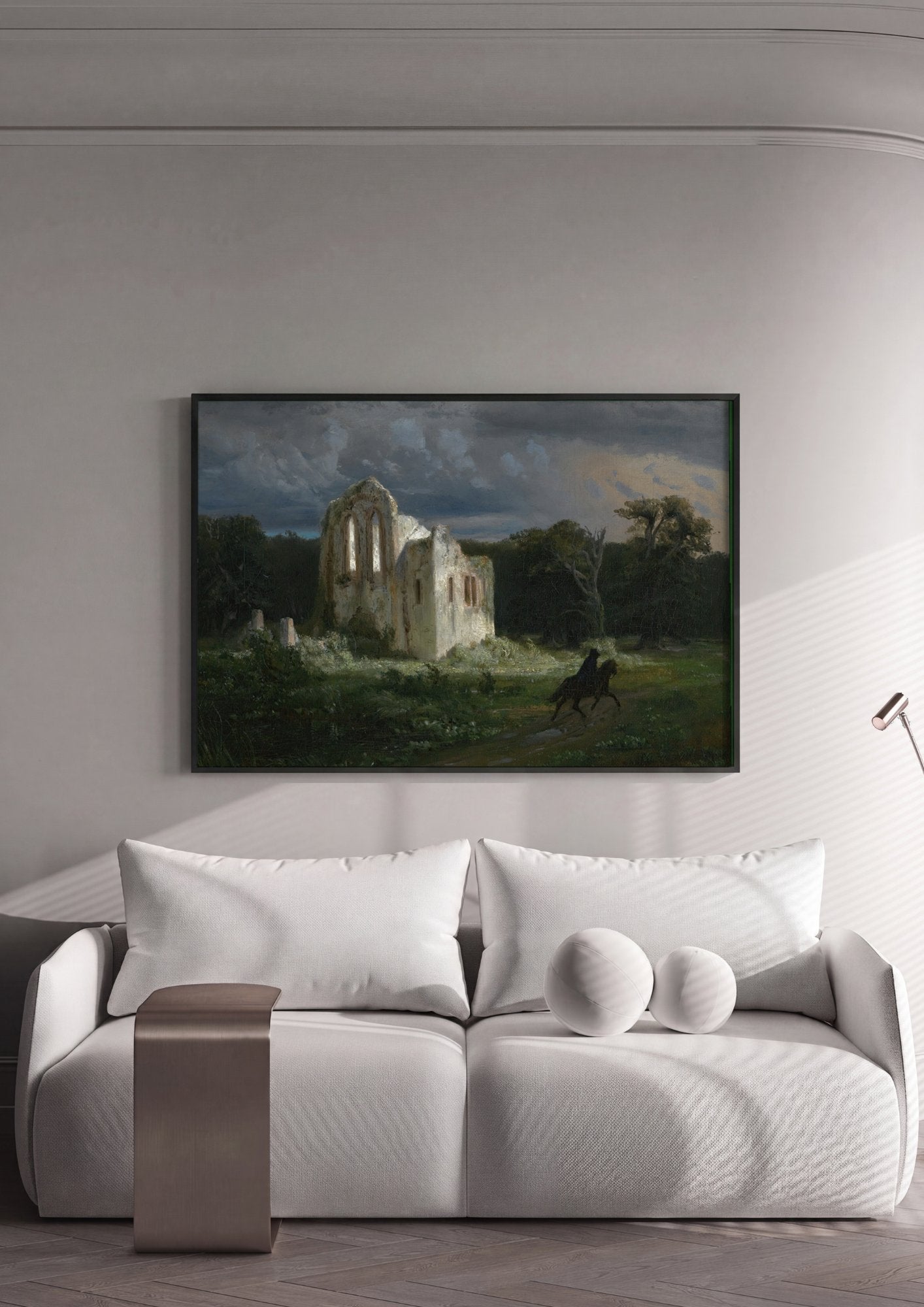 Quadro Decorativo Ruínas e Cavaleiro - Arnold Böcklin em ambiente decorado