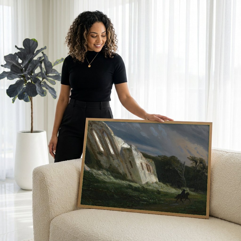 Quadro Decorativo Ruínas e Cavaleiro - Arnold Böcklin com modelo em ambiente