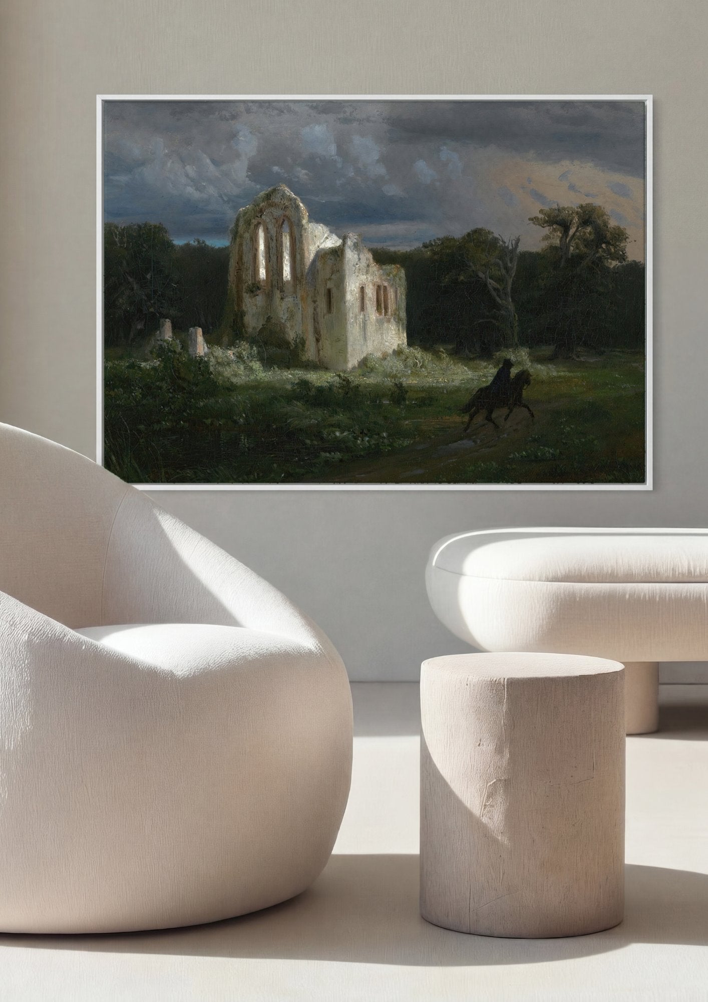 Quadro Decorativo Ruínas e Cavaleiro - Arnold Böcklin em ambiente decorado