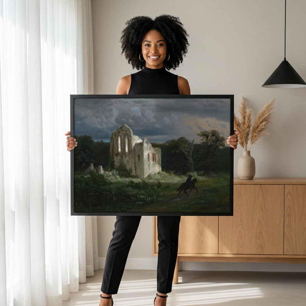 Quadro Decorativo Ruínas e Cavaleiro - Arnold Böcklin com modelo em ambiente
