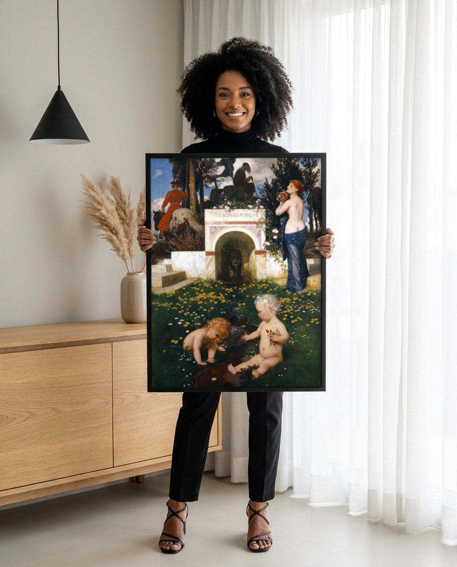 Quadro Decorativo A Alegoria da Vida – Arnold Böcklin com modelo em ambiente