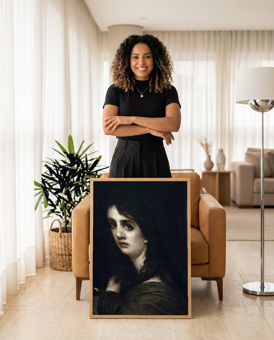 Quadro Decorativo A Mulher na Janela - Arnold Böcklin com modelo em ambiente