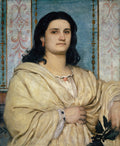 Retrato de uma mulher com cabelos escuros e olhar contemplativo, vestindo um manto bege claro, com fundo azul e detalhes ornamentais. Obra de Arnold Böcklin.
