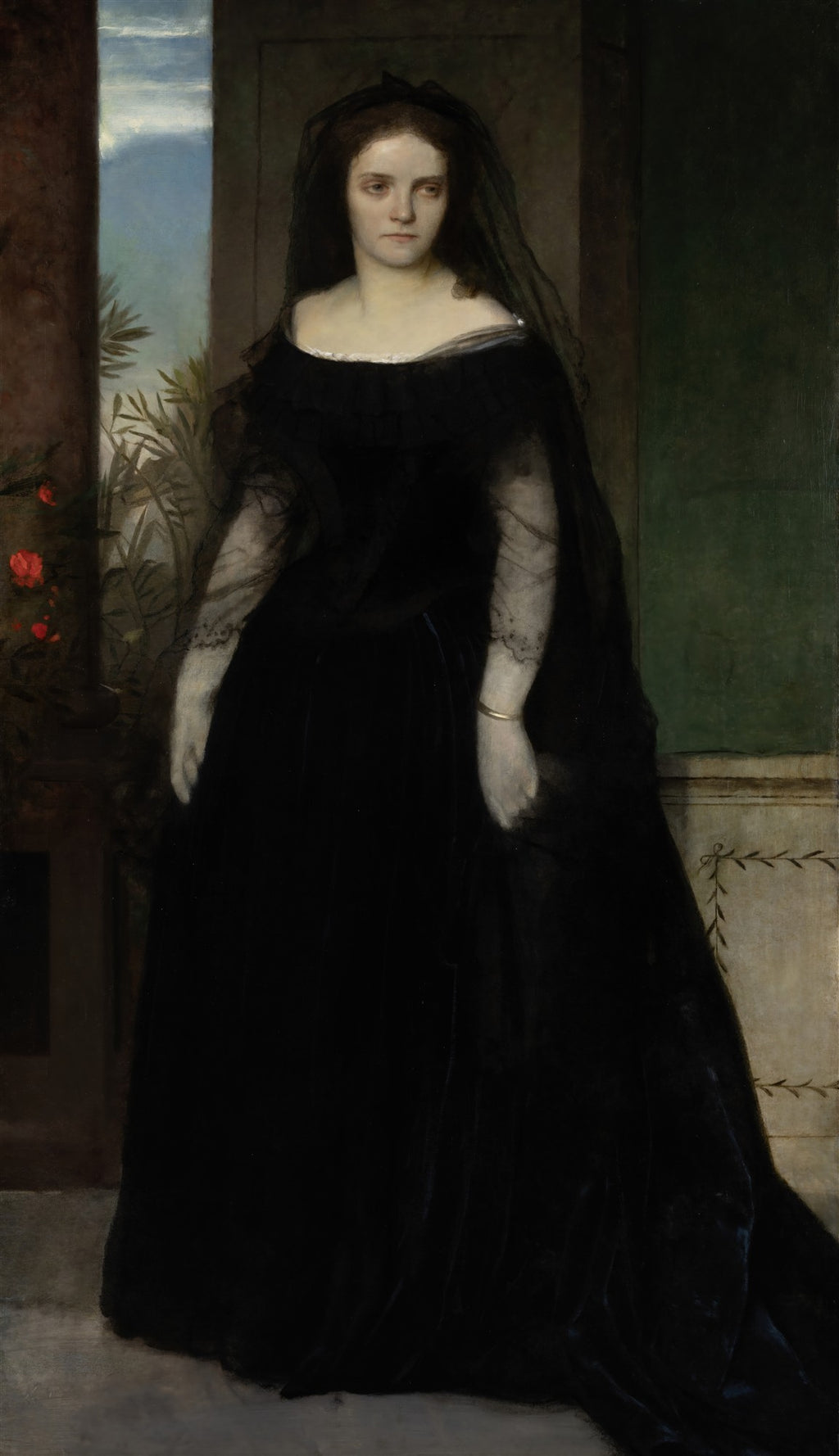 Retrato de uma mulher com vestido preto e véu, com expressão séria, atribuída a Arnold Böcklin